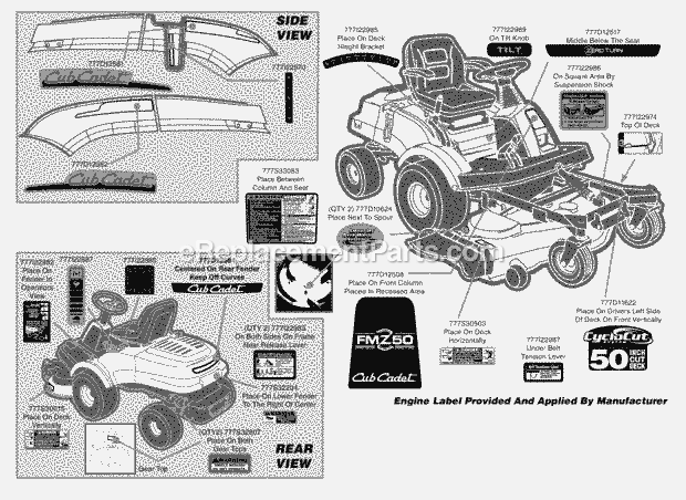 Label Map March 2008 & After Diagram and Parts List for FMZ50 17AF4BFP010, 17AF4BFP210, 17AF4BFP009, 17AF4B Cub Cadet Lawn Mower